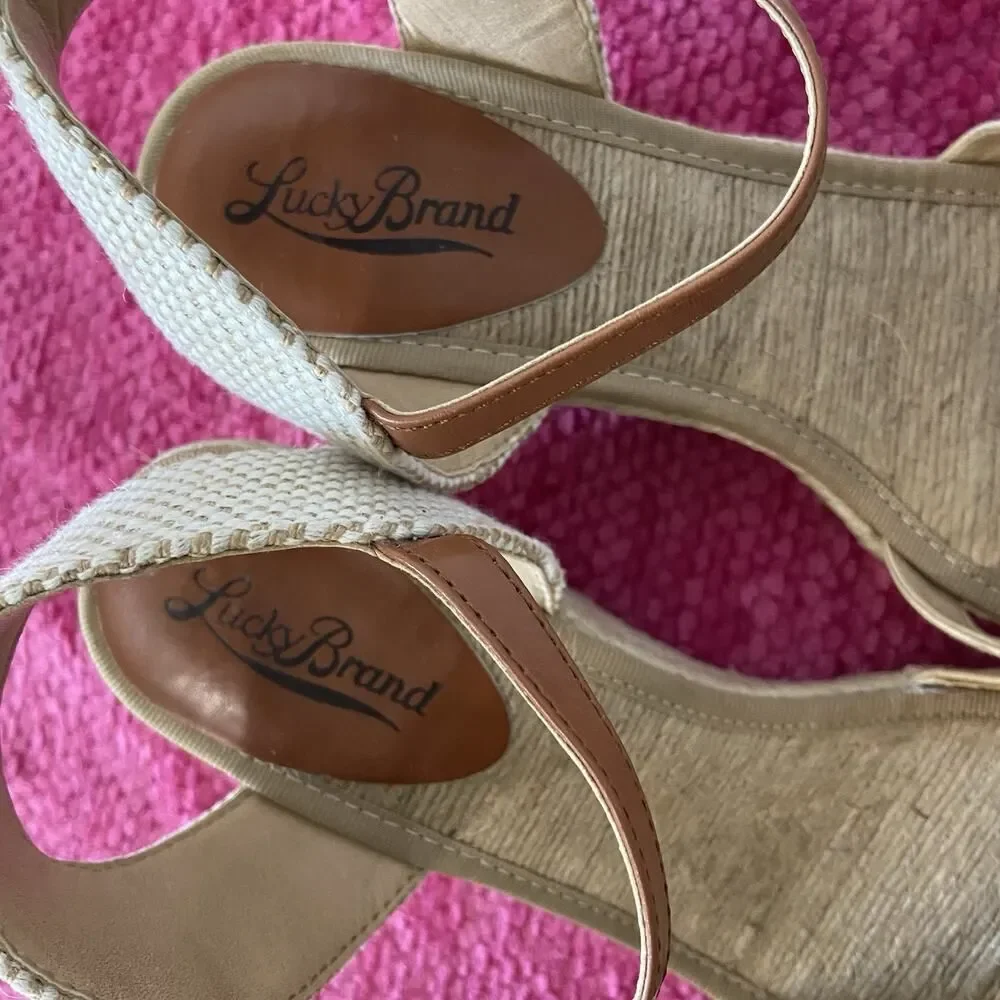 Lucky Brand Kylo Wedge Espadrille Sandals Linen Tan Size 8